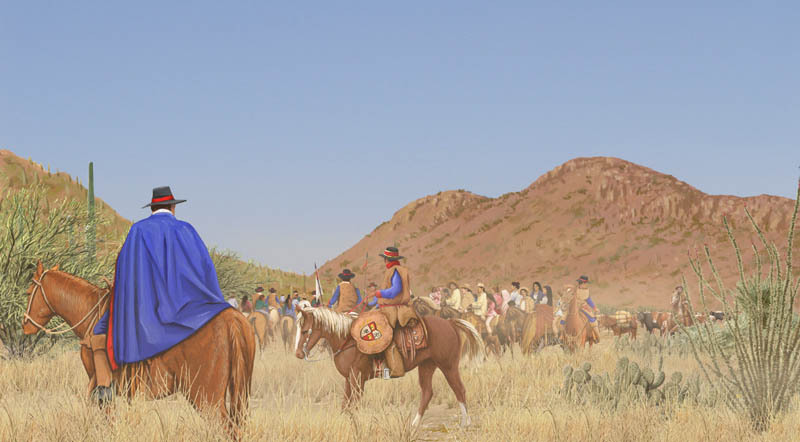 An illustration shows the Anza expedition moving through a desert landscape with cacti and mountains