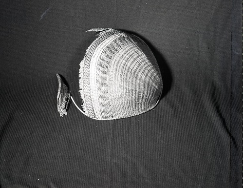 Western Mono type Winnowing basket. Once owned 6. Lena Cox. Material: Redbud, fern root, sedge root, sourberry sticks. c. 1 foot length. Owned by James Cox, Tuolumne Mewuk Rancheria, Tuolumne, Ca.
