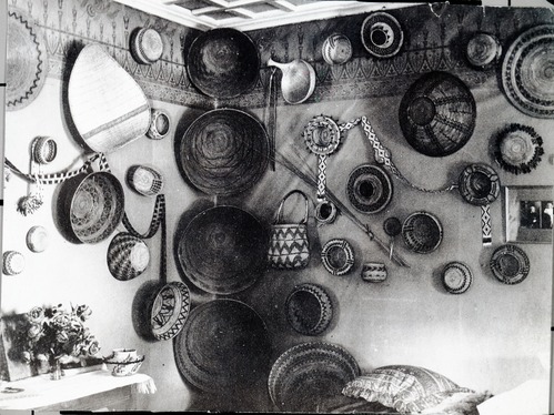 Basket collection of Mrs. Etta Grace (Wm.) Sell, Sr. Made in the Yosemite-Ahwahnee region. Photo courtesy of her daughter, Mrs. Elenor Sell Crooks.