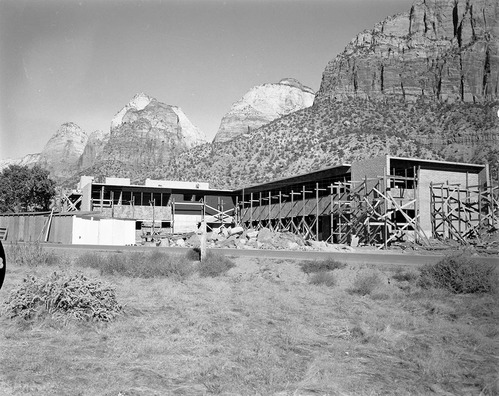 General view of buildings from southwest. Mission 66 Visitor Center and Museum construction.
