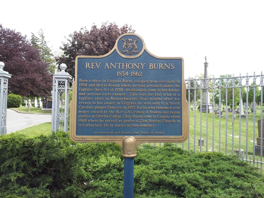 Historical plaque at Anthony Burns' gravesite.