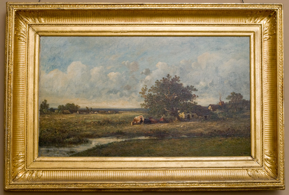 Oil painting of landscape with river, house and tree off center with figures under tree