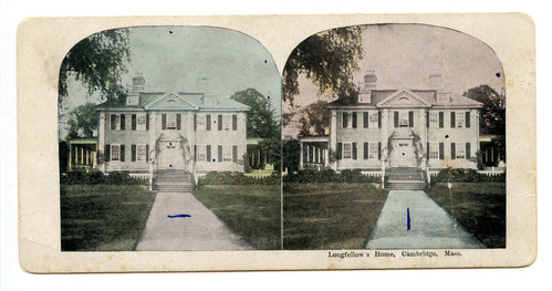Two photographs of Georgian mansion side by side. Black and white sterographs.