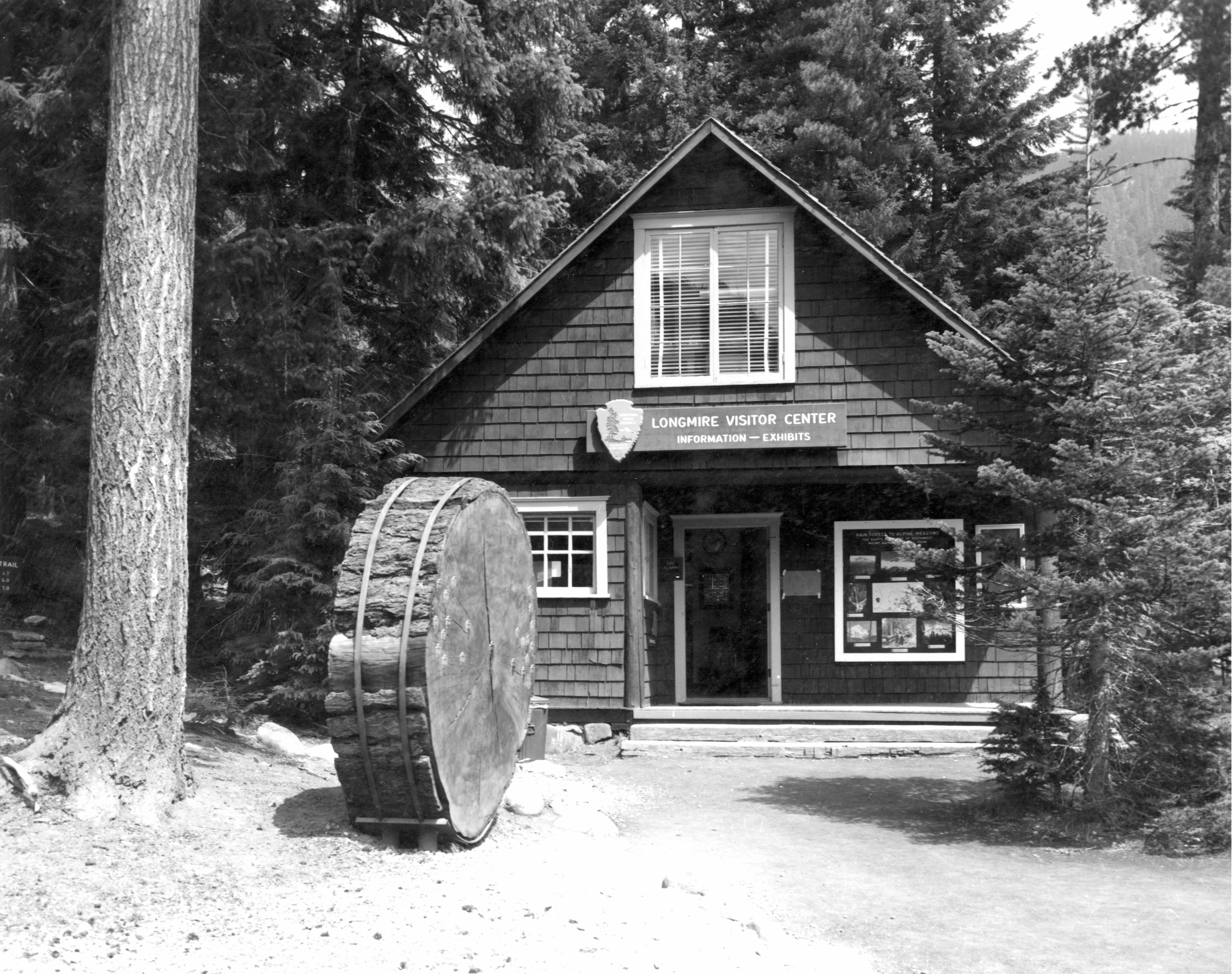 A wood building surrounded by forest with a slice of a large tree log displayed on its side in front of the building. A sign over the door reads "Longmire Visitor Center".