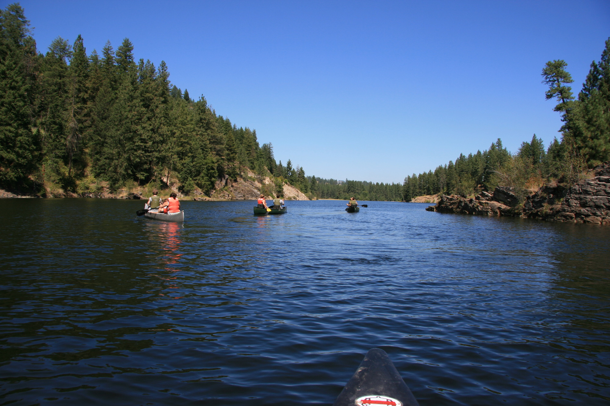 Color photograph of several canoes on a narrow section of river