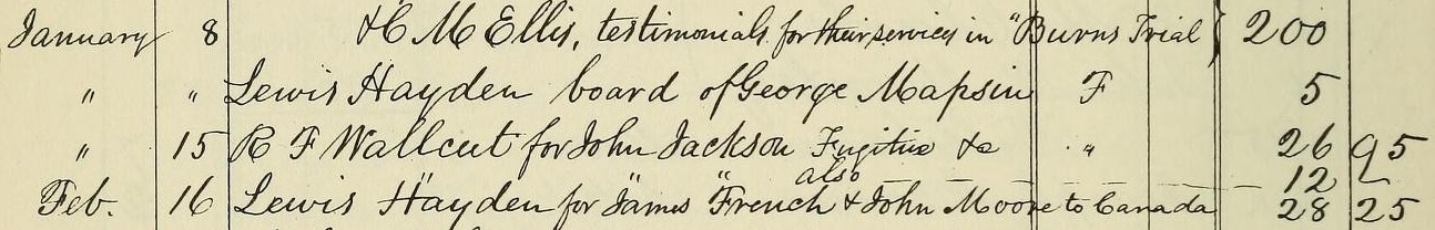 Handwritten record listing R.F. Wallcut and other people who assisted freedom seekers with the date and amount of money they were reimbursed.