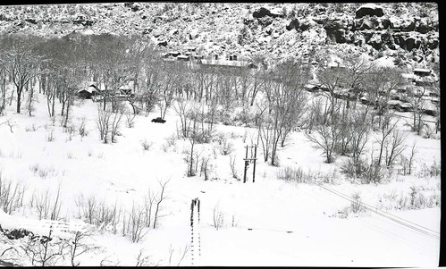 Zion Lodge in winter with a distance view across canyon.