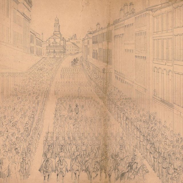Sketch of the Rendition of Anthony Burns. Burns in chains escorted by federal marshals down State Street. Marshals line the street as thousands look on.