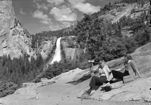 Nevada Fall with girls in foreground. Miss Anita Clark.