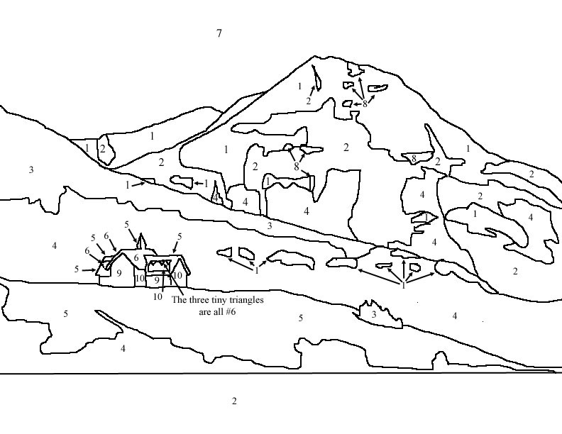 A blank, tape-by-numbers template of Waterton Lakes National Park, Canada. This features mountains in the background with snow on them, a lake in the foreground, trees and grass around the lake, a building on a hillside in the middle ground and clouds in the sky.