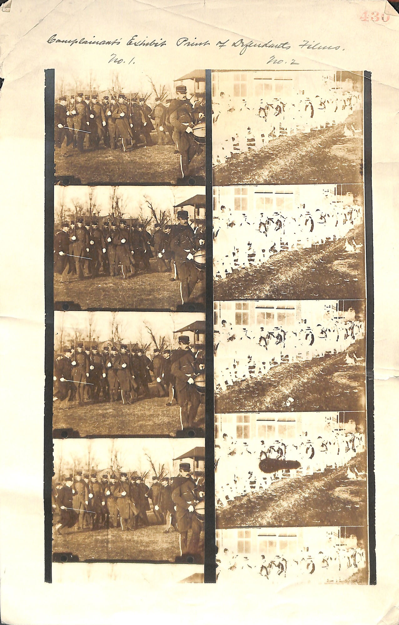Several frames from a movie. Heading, "Complainants exhibit print of defendant's films. No. 1 & No.2."