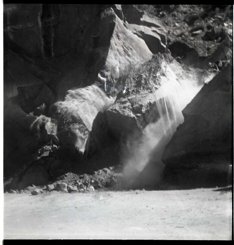 BW photo of rock slide near Echo Rock - 2.5" x 2.5".