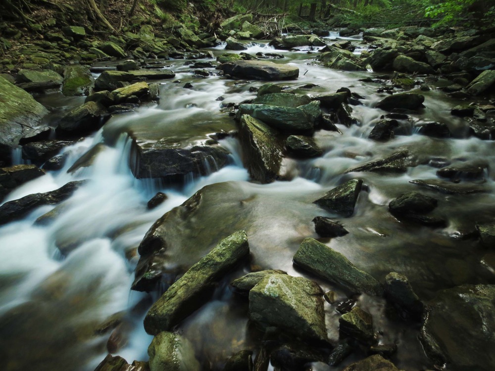 Water runs over large boulders in a creek 