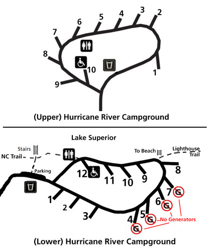Hurricane River Campground map showing site numbers and locations.