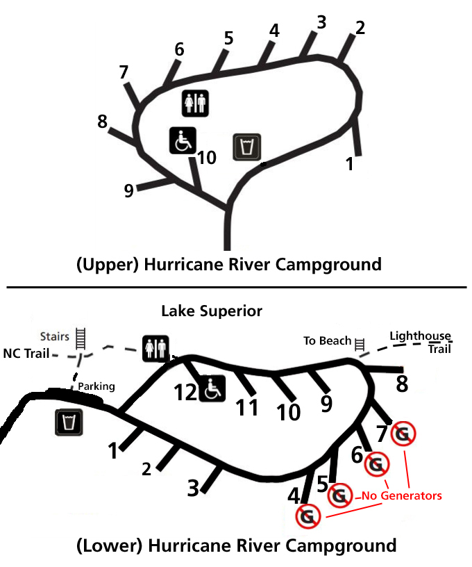 Hurricane River Campground map showing site numbers and locations.