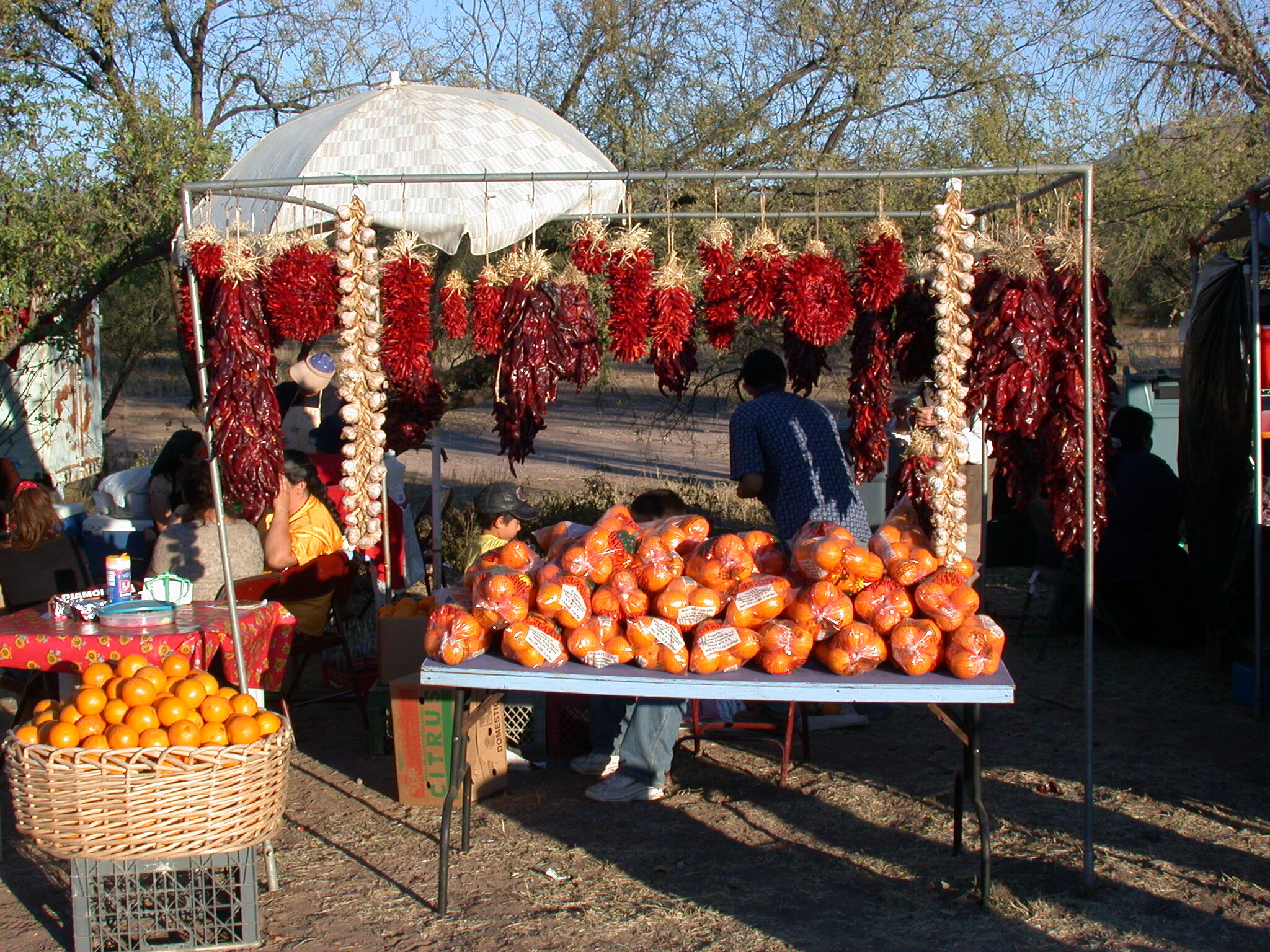 Produce booth with oranges and chile ristras
