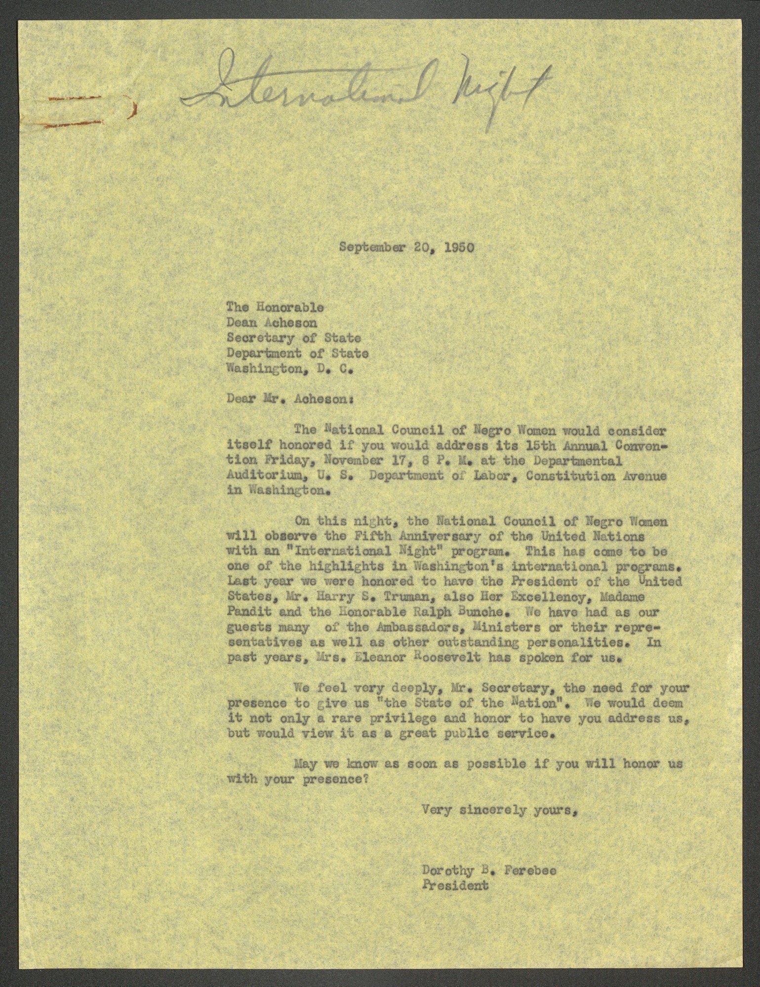 National Council of Negro Women Correspondence, 1950