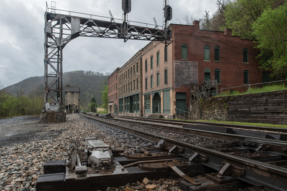 railroad tracks and old brick buildings