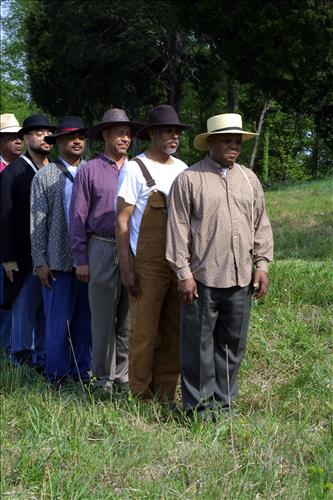 Civil War interpreters of  men training to join the U.S. Colored Troops at Stones River National Battlefield, April 2004