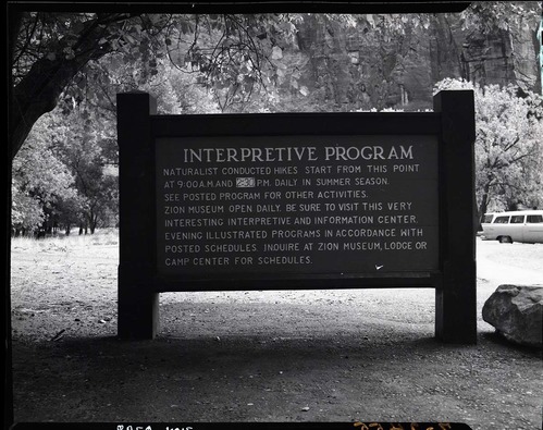 Interpretive sign at Temple of Sinawava, start of Narrows Trail- back side - to inform visitors of interpretive program.