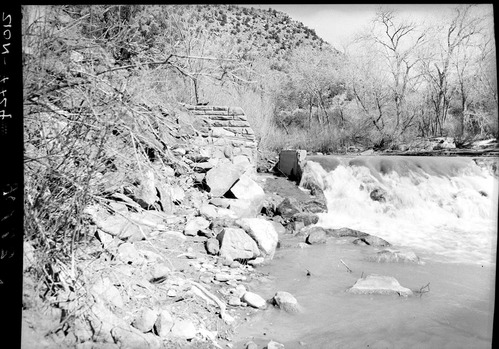 Irrigation ditch, near bridge on Highway 15 across Virgin River and diversion dam North Fork of Virgin River for diverting water to campground irrigation ditch.