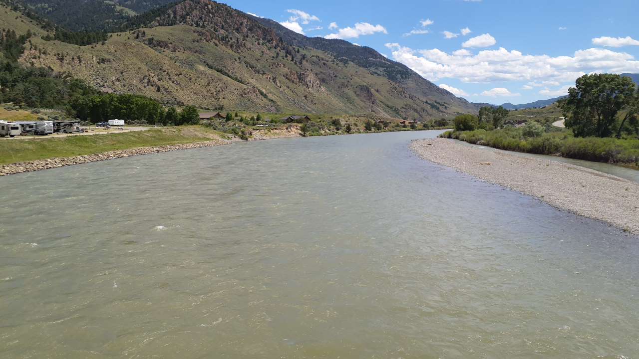 Yellowstone River at Corwin Springs, MT looking upstream on June 19, 2024.