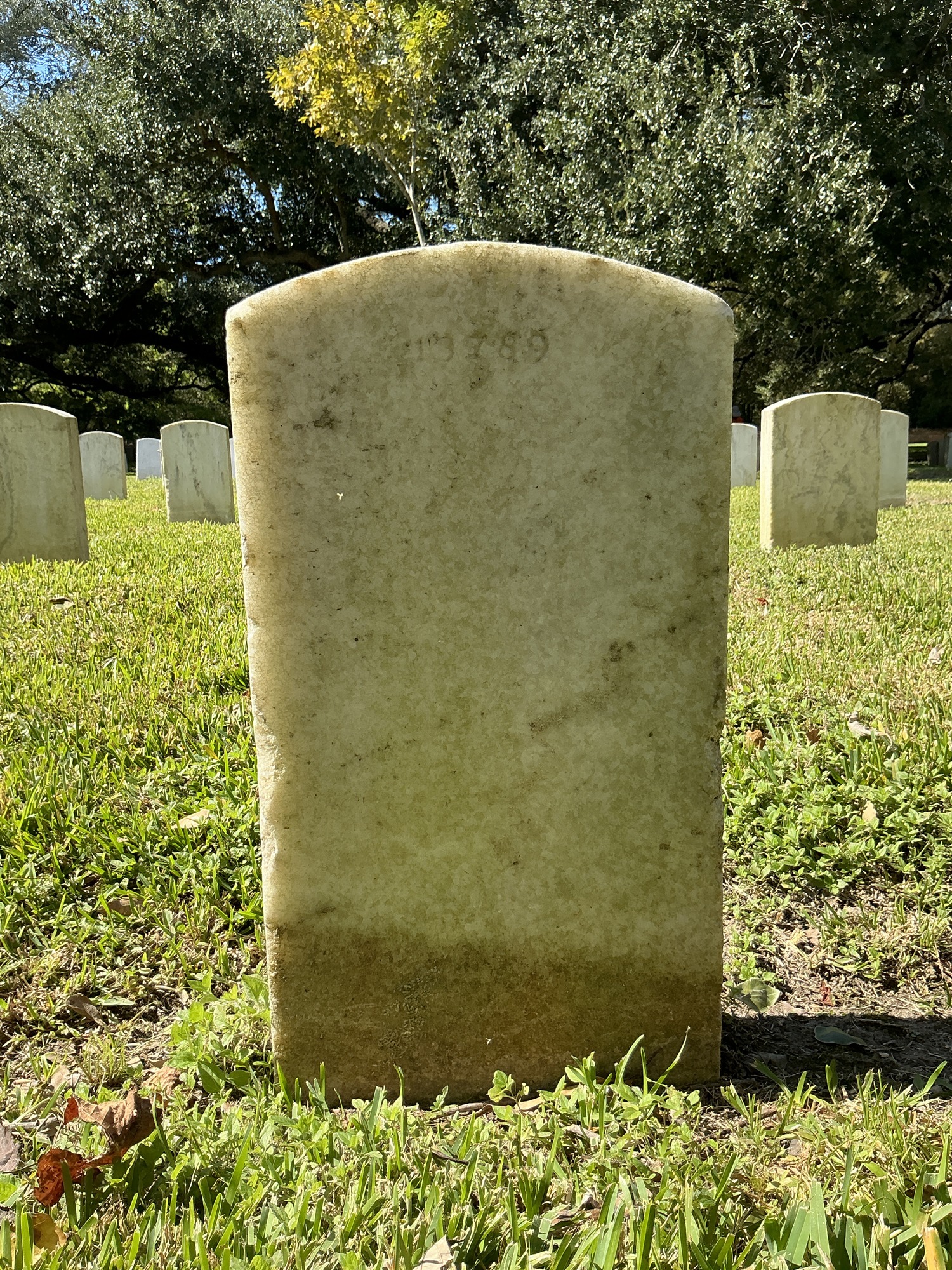 Back of upright marble headstone with flat face.