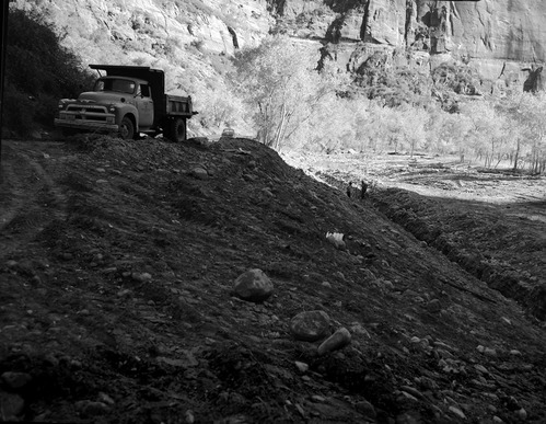 Soil and moisture control in building stone wall on river bank, a quarter mile south of Temple of Sinawava.