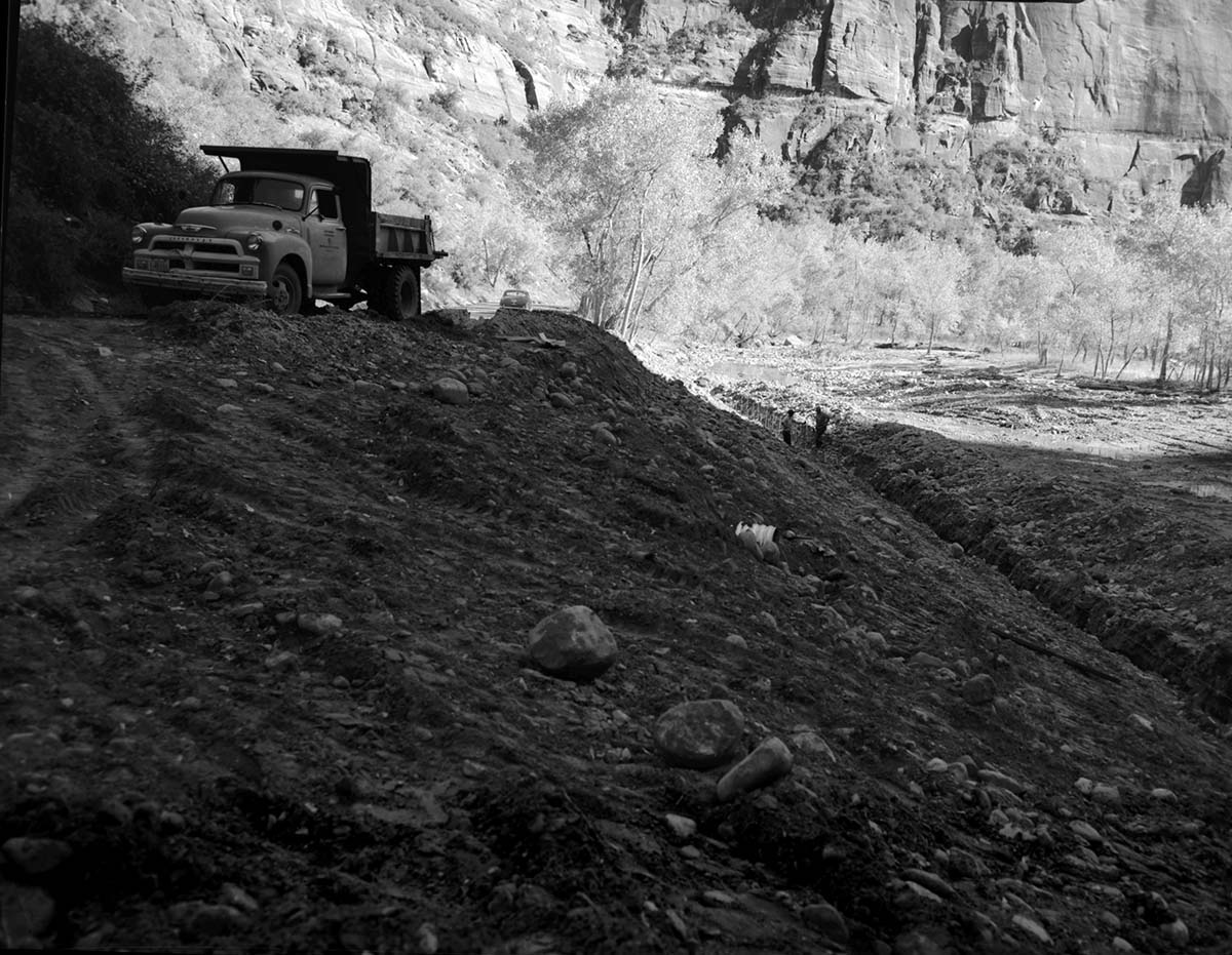 Soil and moisture control in building stone wall on river bank, a quarter mile south of Temple of Sinawava.