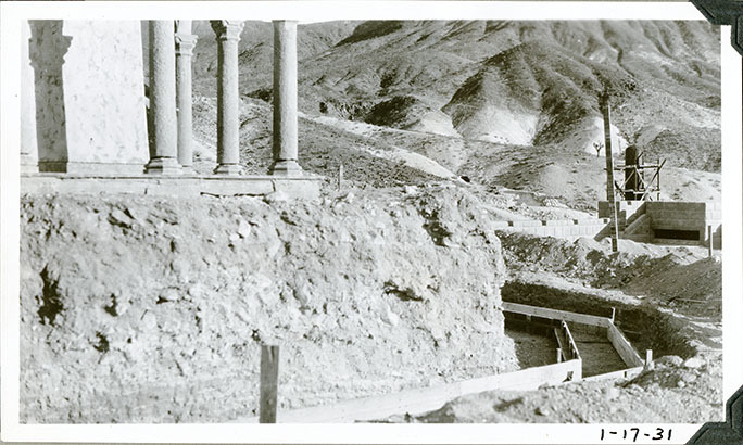 This is an historic black and white photograph from the Scotty's Castle Historic Photograph Collection, Death Valley National Park of excavation and forms for terrace wall around Scotty's Castle Chimes Tower. January 17, 1931. Photographed by Mat Roy Thompson.
