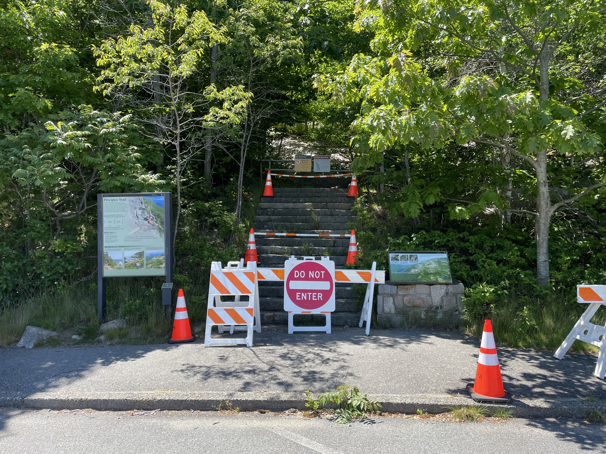 Trail entrance is blocked by multiple neon orange and white gates. A Do-Not-Enter sign sits in the front of these barricades.