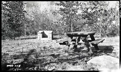 Typical campsite in South Campground with fireplace and picnic table.