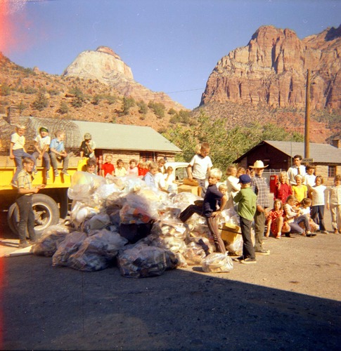 Elementary school group during the 'Litter School' held at the maintenance yard.