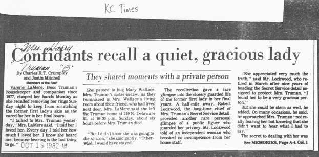 
“Confidants recall a quiet, gracious lady,” Kansas City Times, October 19, 1982.
