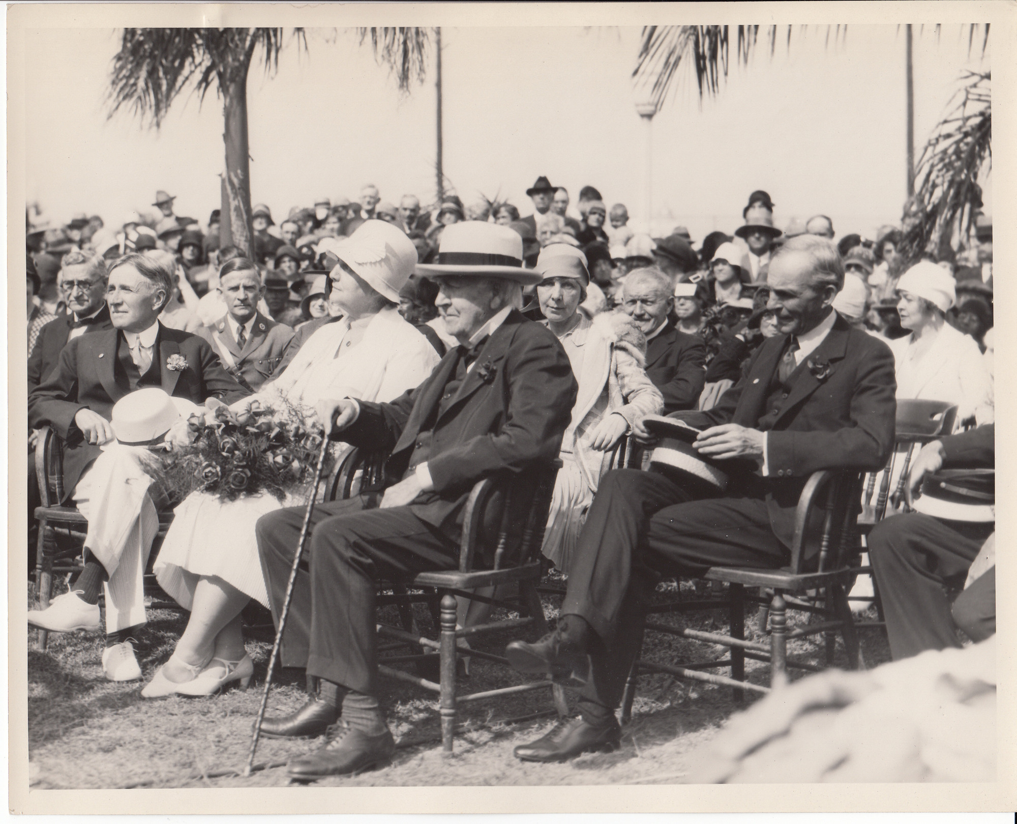 Harvey Firestone, Mina Edison, Thomas Edison, and Henry Ford at Fort Myers city park on Edison's 83rd birthday.