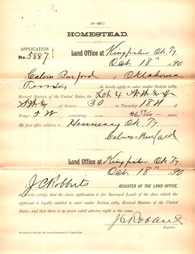 Yellowing scanned Homesteading case file. Transcribed text from the scan is found in the image description. Shadowing shows where the document was folded in three parts.