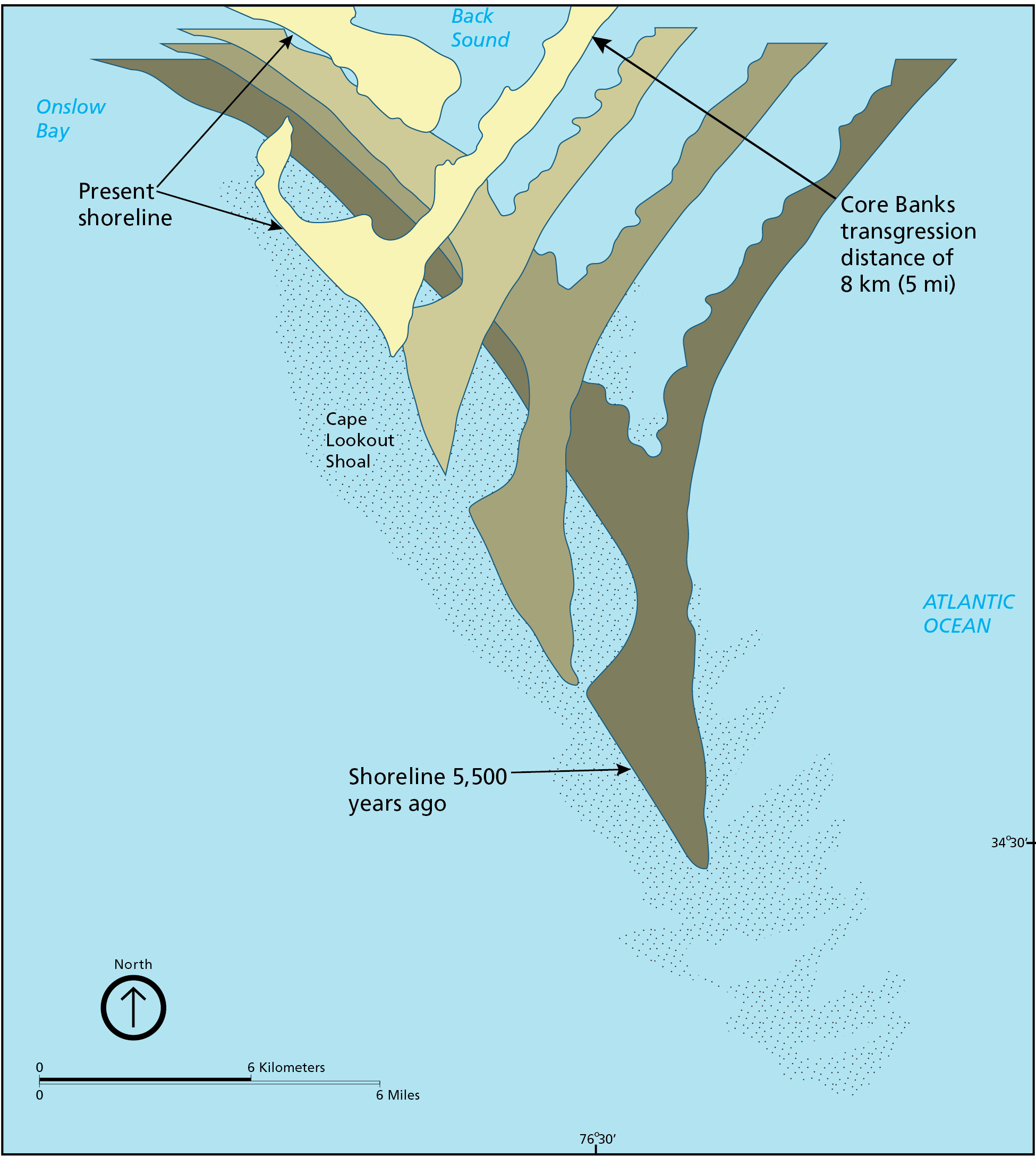  Illustration of the likely transgression path of Cape Lookout Point over the past 5,500 years. Cape Lookout Point has moved about 8 km (5 mi) northwest over the past 5,500 years. 