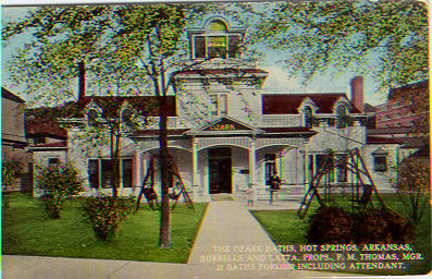 Watercolor view of first Ozark Bathhouse, with swinging benches in front lawn