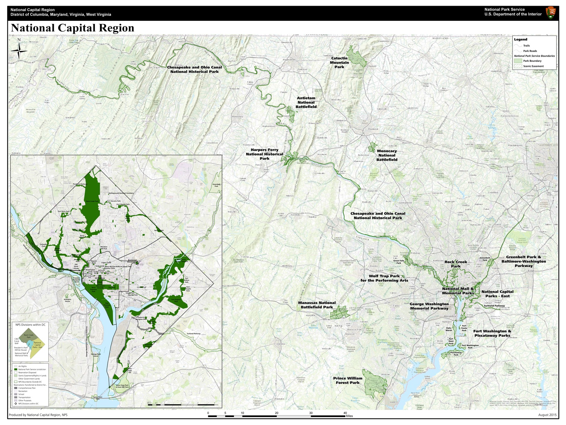 Map of the National Parks in the National Capital Region, National Park Service, U.S. Department of the Interior located in the District of Columbia, Maryland, Virginia, and West Virginia. The main map provides an overview of the administrative units: Antietam National Battlefield, Catoctin Mountain Park, Chesapeake and Ohio Canal National Historical Park, George Washington Memorial Parkway, Harpers Ferry National Historical Park, Manassas National Battlefield Park, Monocacy National Battlefield, National Capital Parks-East, Greenbelt Park and Baltimore-Washington Parkway, Fort Washington and Piscataway Parks, National Mall and Memorial Parks, President’s Park (White House), Prince William Forest Park, Rock Creek Park, and Wolf Trap National Park for the Performing Arts.  The inset map shows a more detailed view of the District of Columbia and the approximate division of National Park administration within that area.  Both the main map and inset map use the Esri World Topographic basemap and are oriented with