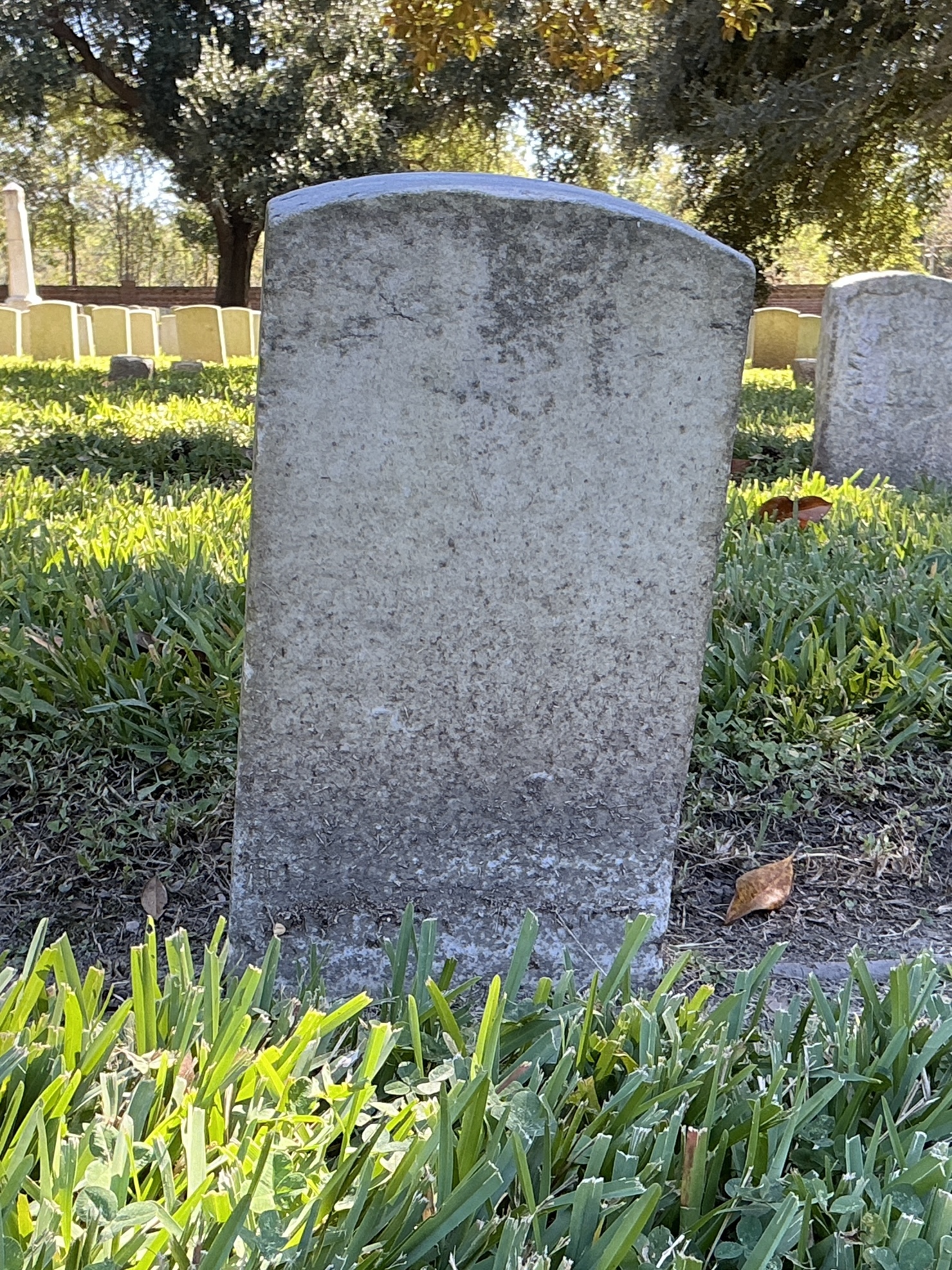 Back of historic upright marble headstone with recessed shield face.