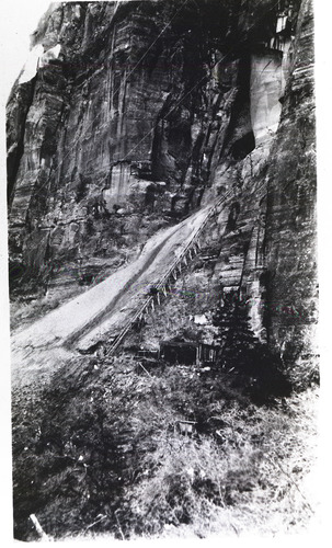 Tram and debris from construction of long tunnel, Zion Mt Carmel Hwy.