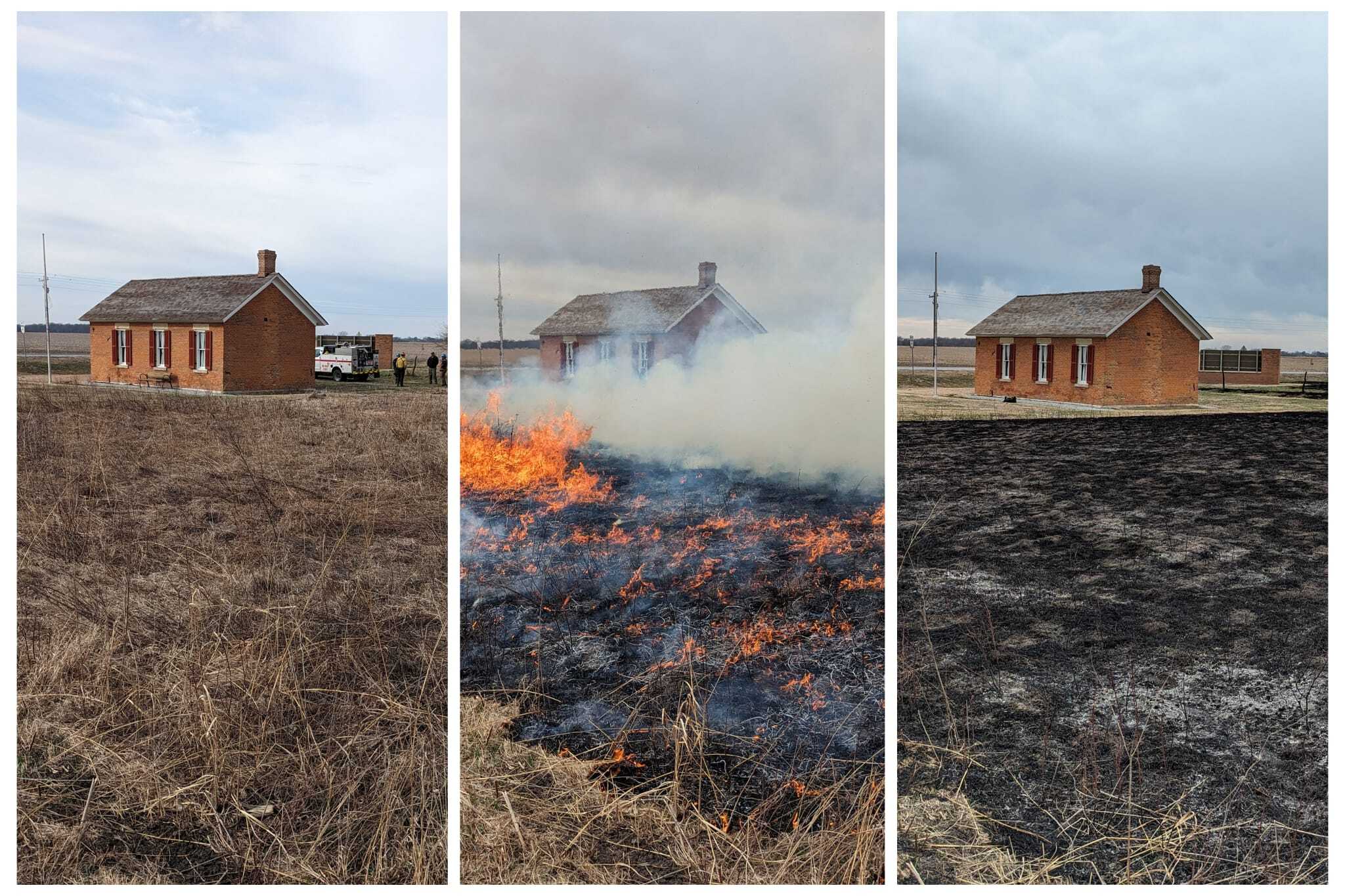 Before, during, and after images of the Freeman School. Left photo includes dry brown prairie grass. Middle photo shows flames and smoke. In the right photo, all is black and burnt within a perimeter.