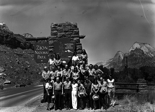 Naturalist group picture, 1979 crew- naturalist division, Zion Natural History Association (ZNHA), Zion Nature School (ZNS), Student Conservation Association (SCA).