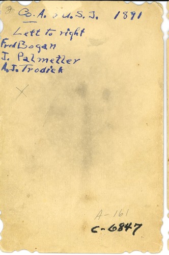 Fred Borgan, J Palmetir, and A. J. Trodick of Company A of the 8th U.S. Infantry in Military Uniform