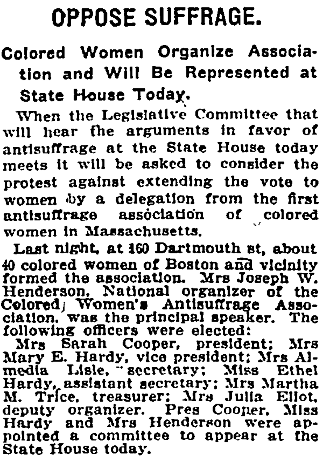 Article "Colored Women Organize Association and Will be Represented at State House Tomorrow" Boston Globe, February 26, 1913.