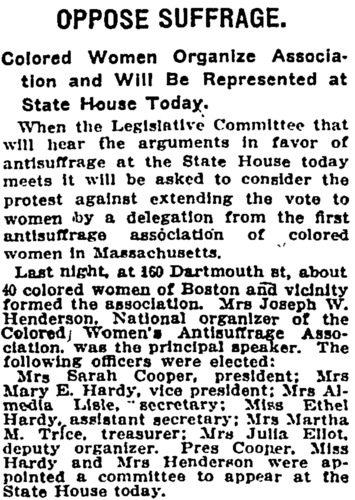 Clipping from The Boston Globe about Black anti-suffrage organizing.