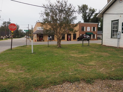 A leafy crape myrtle tree stands in an area of turf on a street corner, near several one-story structures including the Train Depot to the right. 