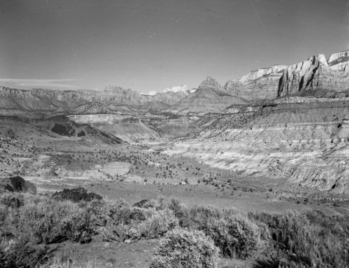 Erosional forms and wilderness character of Bryce Canyon area in park looking northeast from lava fields south of Crater Hill.