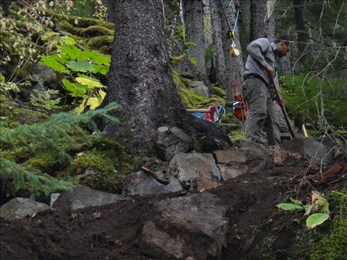 Construction of final staircase on Saintly Hill on Chilkoot Trail in September 2012