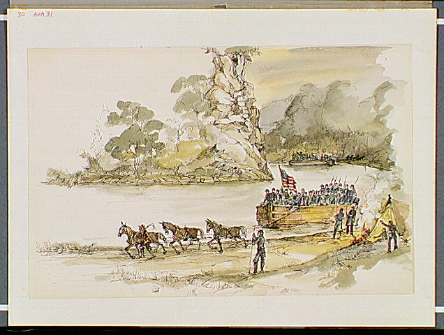 Large boat carrying Federal troops, being towed by mules, passing an encampment.